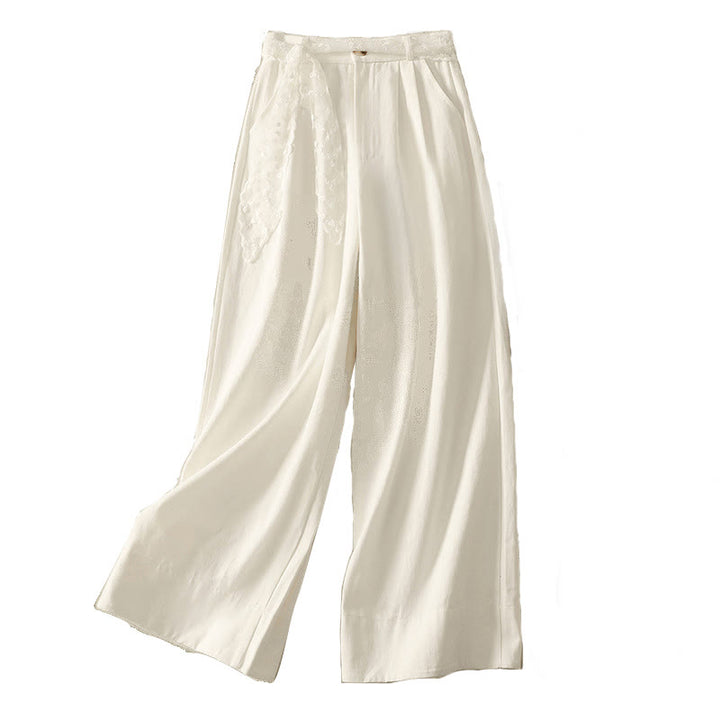 Buddha Stones Daily Solid Color Lace Belt Women's Wide Leg Cotton Pants With Pockets - image 16