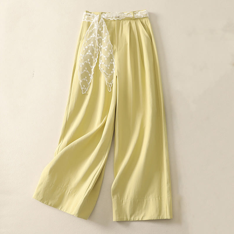 Buddha Stones Daily Solid Color Lace Belt Women's Wide Leg Cotton Pants With Pockets - LightYellow - US8-10，UK/AU12-14，EU40-42 (2XL) - image 22