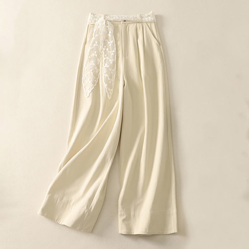 Buddha Stones Daily Solid Color Lace Belt Women's Wide Leg Cotton Pants With Pockets - Beige - US8-10，UK/AU12-14，EU40-42 (2XL) - image 0
