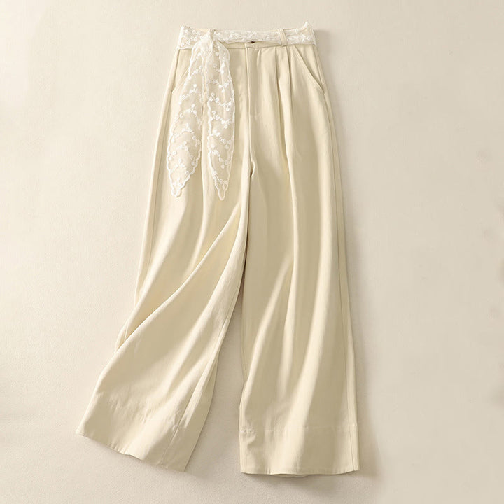 Buddha Stones Daily Solid Color Lace Belt Women's Wide Leg Cotton Pants With Pockets - Beige - US8-10，UK/AU12-14，EU40-42 (2XL) - image 0