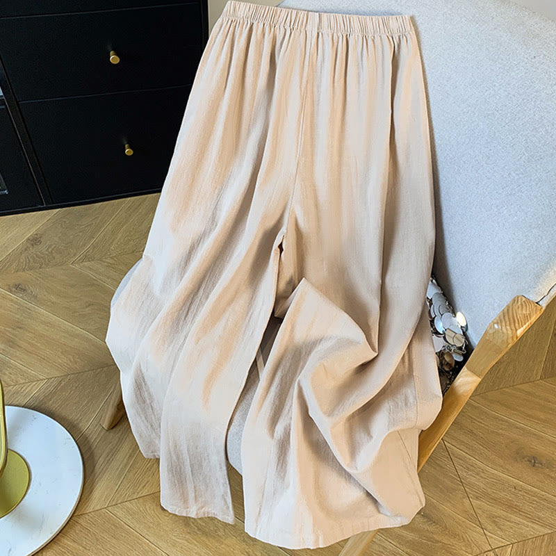 Buddha Stones Casual Beige Embroidery Women's Wide Leg Cotton Linen Pants With Pockets - image 1