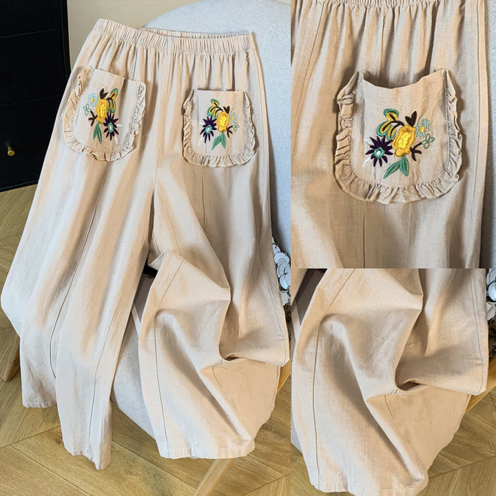 Buddha Stones Casual Beige Embroidery Women's Wide Leg Cotton Linen Pants With Pockets - image 9