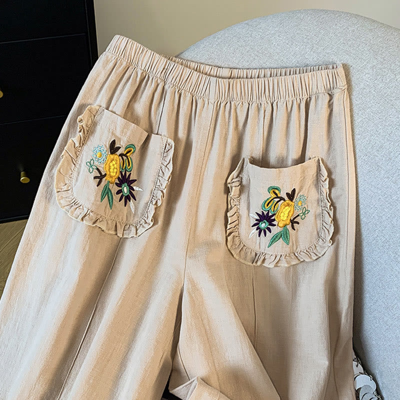 Buddha Stones Casual Beige Embroidery Women's Wide Leg Cotton Linen Pants With Pockets - image 4
