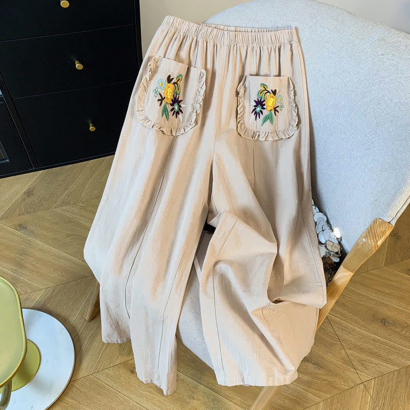 Buddha Stones Casual Beige Embroidery Women's Wide Leg Cotton Linen Pants With Pockets - Beige - US8-10，UK/AU12-14，EU40-42 (2XL) - image 0