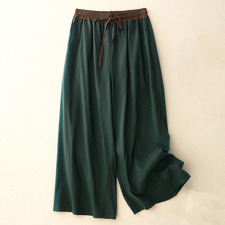 Buddha Stones Artistic Color Contrast Drawstring Women's Wide Leg Pants With Pockets - DarkGreen - US8-10，UK/AU12-14，EU40-42 (2XL) - image 15