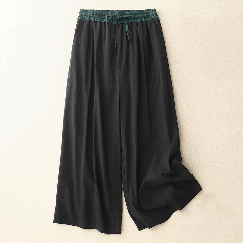 Buddha Stones Artistic Color Contrast Drawstring Women's Wide Leg Pants With Pockets - Black - US8-10，UK/AU12-14，EU40-42 (2XL) - image 0