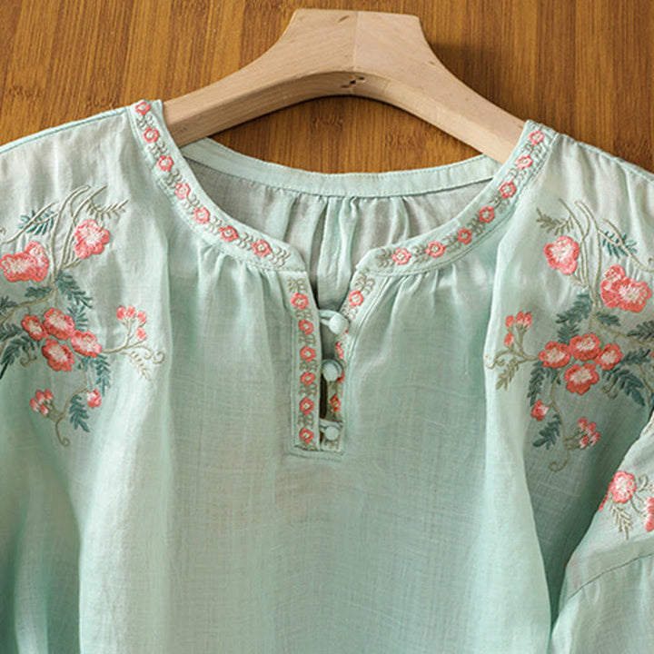 Buddha Stones Embroidery Button Three Quarter Sleeve Notched Neck Women's Cotton Shirt - image 26