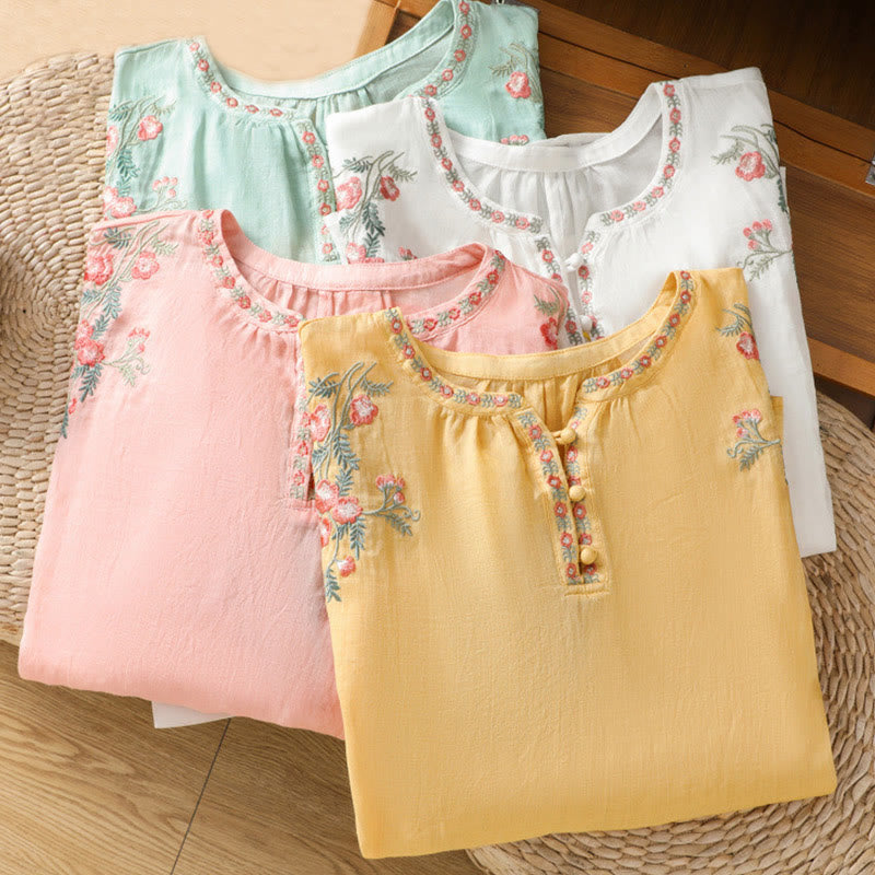 Buddha Stones Embroidery Button Three Quarter Sleeve Notched Neck Women's Cotton Shirt - image 31
