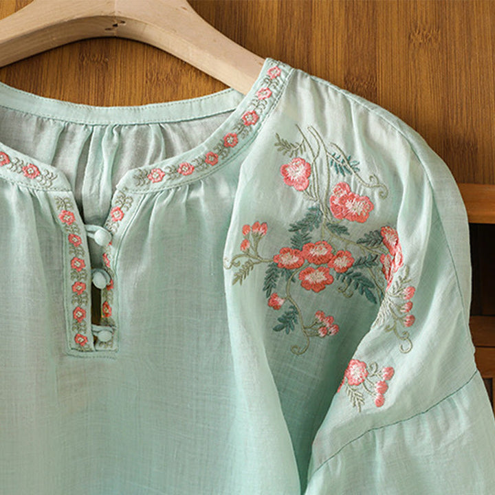 Buddha Stones Embroidery Button Three Quarter Sleeve Notched Neck Women's Cotton Shirt - image 27