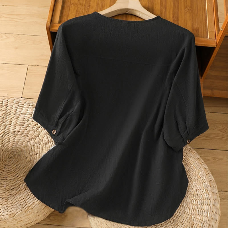 Buddha Stones Casual Plain Buttons Half Sleeve Women's Cotton Linen Shirt With Pocket - image 10