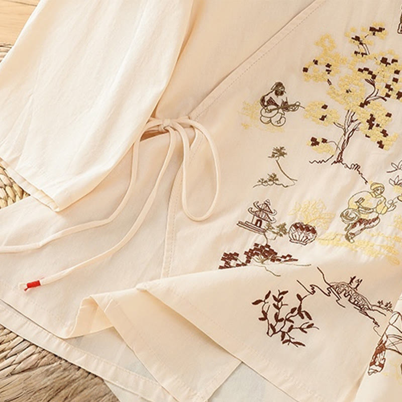 Buddha Stones Retro Embroidery Lace-Up Women's Three Quarter Sleeve Cotton Linen T-Shirt - image 5