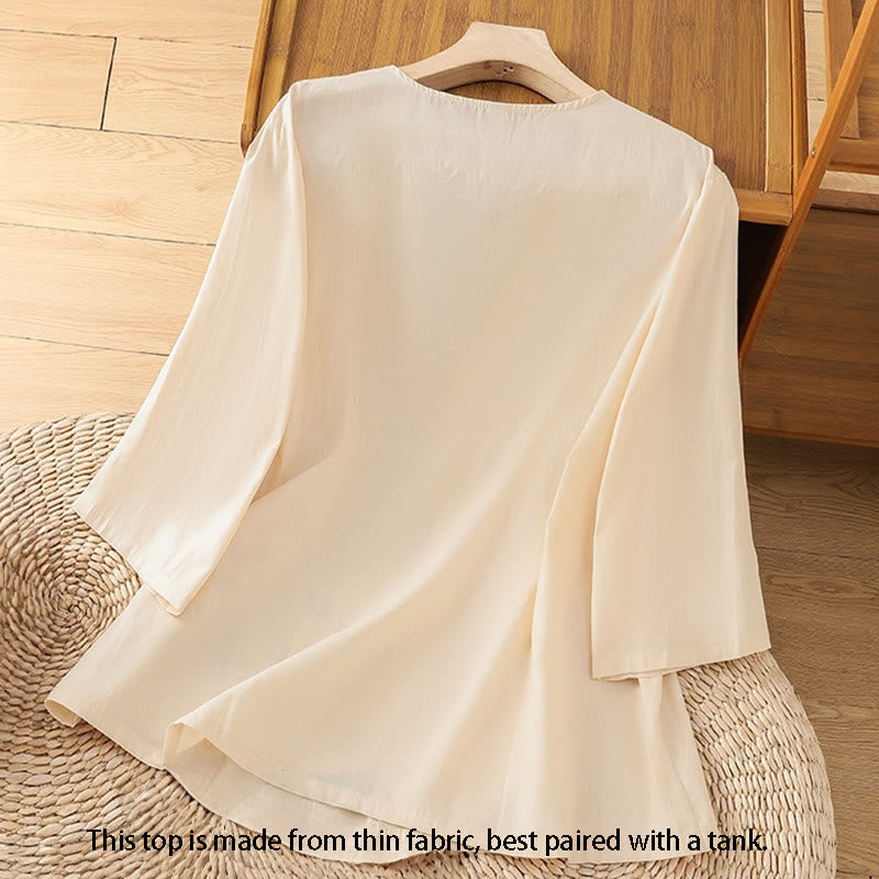 Buddha Stones Retro Embroidery Lace-Up Women's Three Quarter Sleeve Cotton Linen T-Shirt - image 1