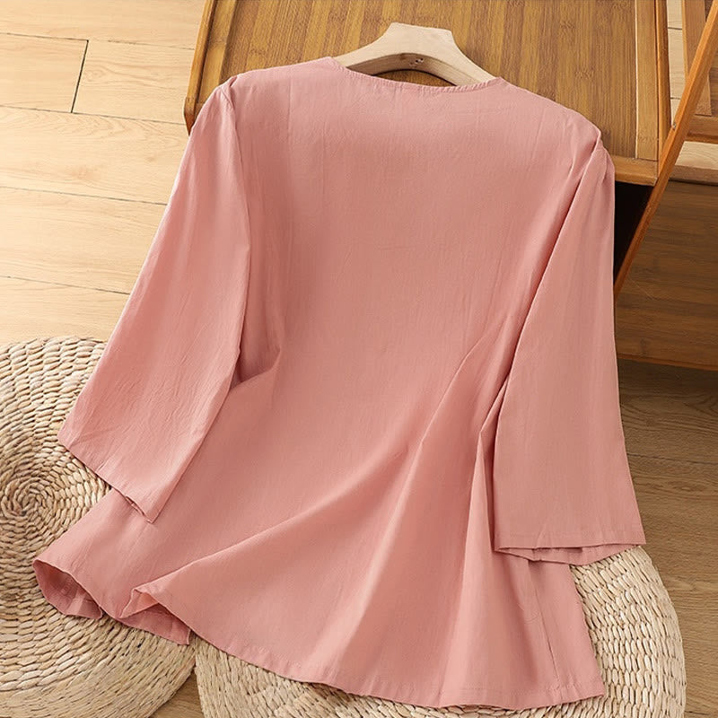 Buddha Stones Retro Embroidery Lace-Up Women's Three Quarter Sleeve Cotton Linen T-Shirt - image 9