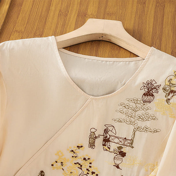 Buddha Stones Retro Embroidery Lace-Up Women's Three Quarter Sleeve Cotton Linen T-Shirt - image 2