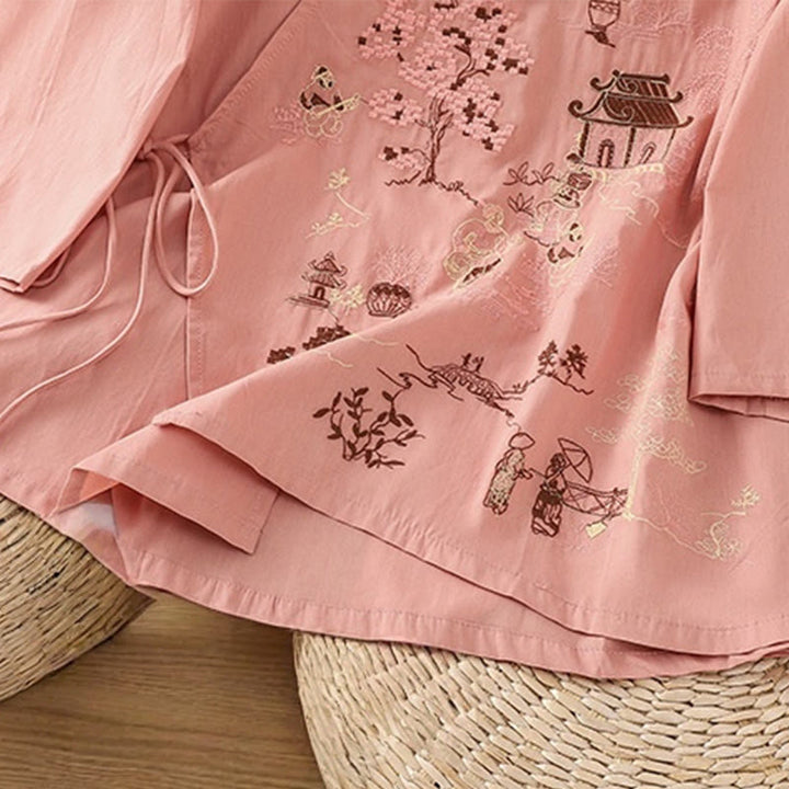 Buddha Stones Retro Embroidery Lace-Up Women's Three Quarter Sleeve Cotton Linen T-Shirt - image 13