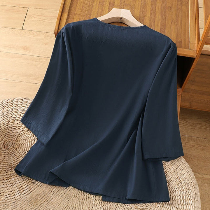 Buddha Stones Retro Embroidery Lace-Up Women's Three Quarter Sleeve Cotton Linen T-Shirt - image 15