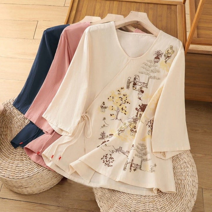 Buddha Stones Retro Embroidery Lace-Up Women's Three Quarter Sleeve Cotton Linen T-Shirt - image 22