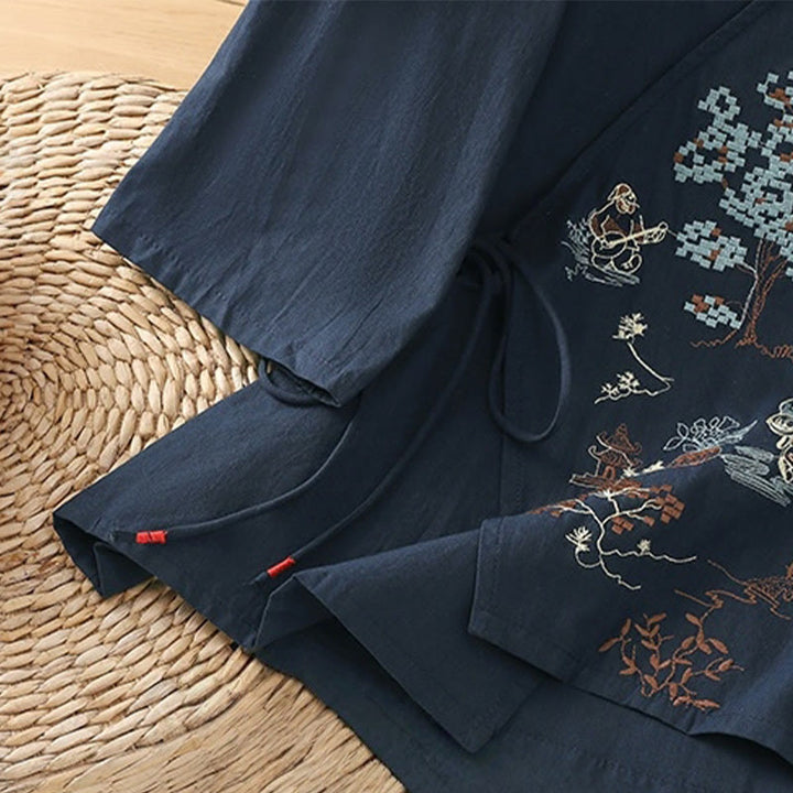 Buddha Stones Retro Embroidery Lace-Up Women's Three Quarter Sleeve Cotton Linen T-Shirt - image 19