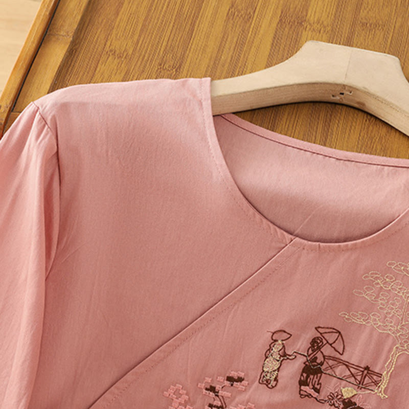 Buddha Stones Retro Embroidery Lace-Up Women's Three Quarter Sleeve Cotton Linen T-Shirt - image 10