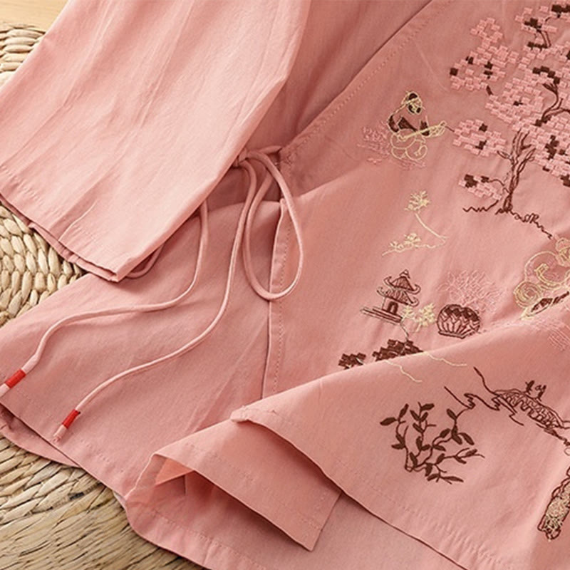 Buddha Stones Retro Embroidery Lace-Up Women's Three Quarter Sleeve Cotton Linen T-Shirt - image 12