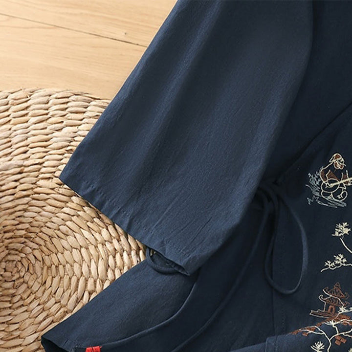 Buddha Stones Retro Embroidery Lace-Up Women's Three Quarter Sleeve Cotton Linen T-Shirt - image 20