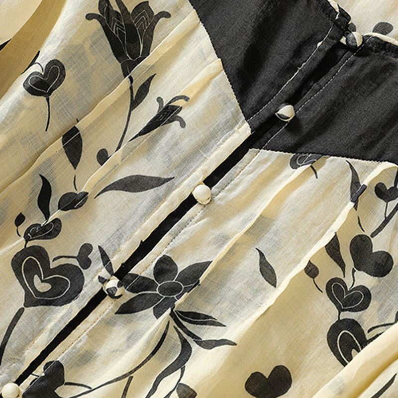 Buddha Stones Printing Floral Buttons Color Contrast Half Sleeve Women's Shirt - image 3