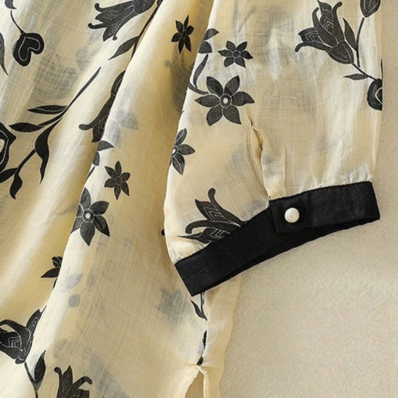 Buddha Stones Printing Floral Buttons Color Contrast Half Sleeve Women's Shirt - image 4