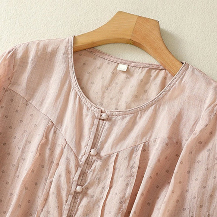 Buddha Stones Printing Floral Buttons Color Contrast Half Sleeve Women's Shirt - image 27
