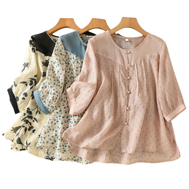 Buddha Stones Printing Floral Buttons Color Contrast Half Sleeve Women's Shirt - image 39