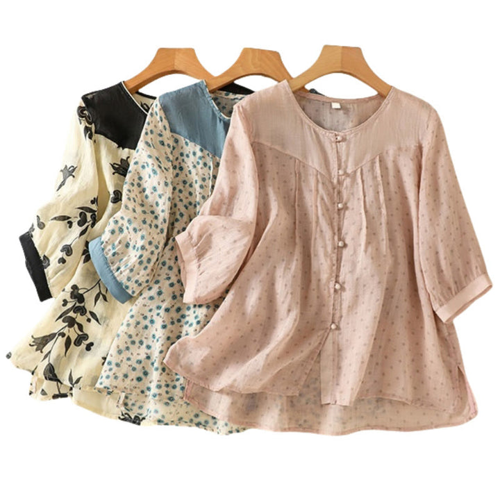 Buddha Stones Printing Floral Buttons Color Contrast Half Sleeve Women's Shirt - image 39