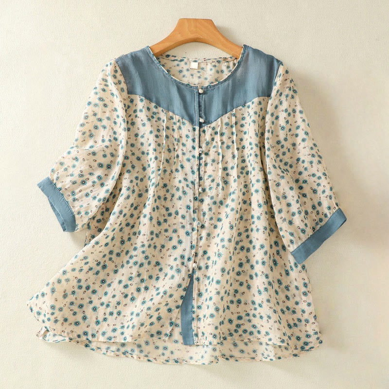 Buddha Stones Printing Floral Buttons Color Contrast Half Sleeve Women's Shirt - SteelBlue - US8-10，UK/AU12-14，EU40-42 (2XL) - image 8