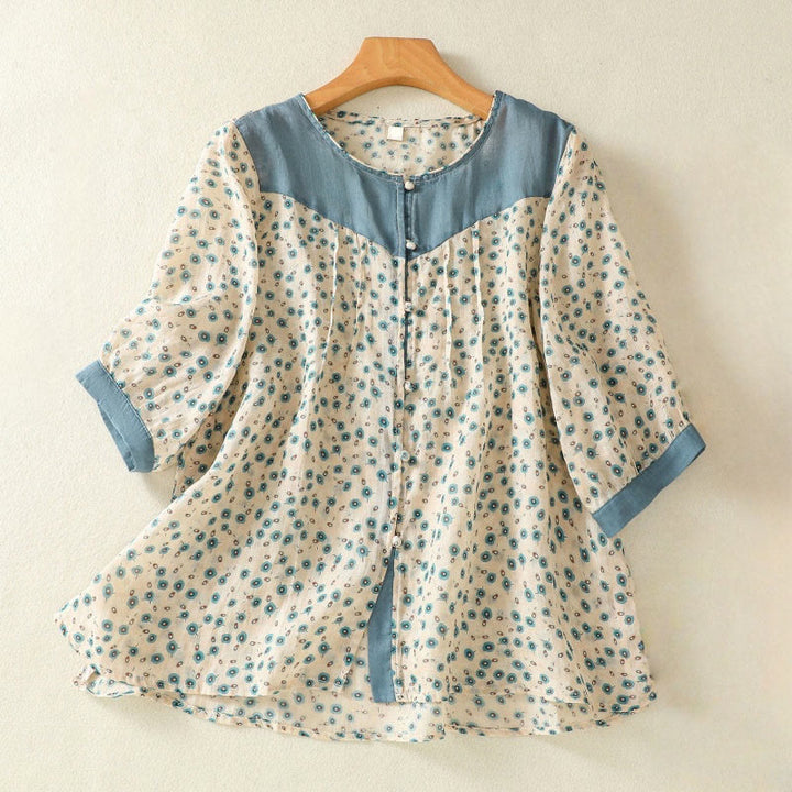 Buddha Stones Printing Floral Buttons Color Contrast Half Sleeve Women's Shirt - SteelBlue - US8-10，UK/AU12-14，EU40-42 (2XL) - image 8