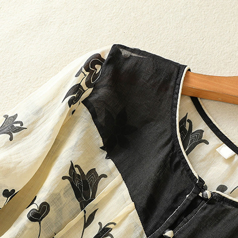 Buddha Stones Printing Floral Buttons Color Contrast Half Sleeve Women's Shirt - image 2