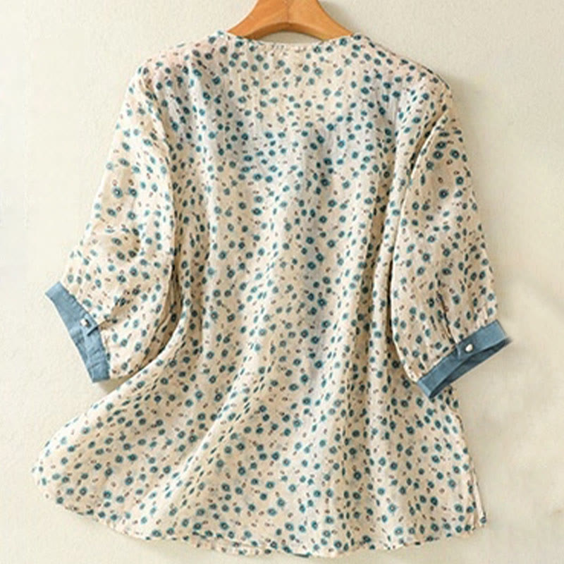 Buddha Stones Printing Floral Buttons Color Contrast Half Sleeve Women's Shirt - image 9