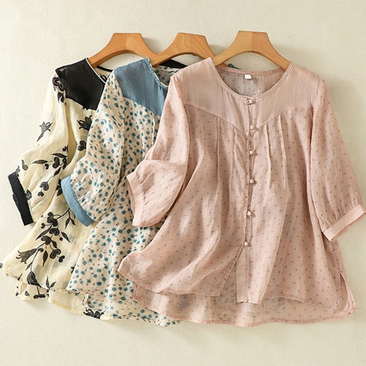 Buddha Stones Printing Floral Buttons Color Contrast Half Sleeve Women's Shirt - image 36