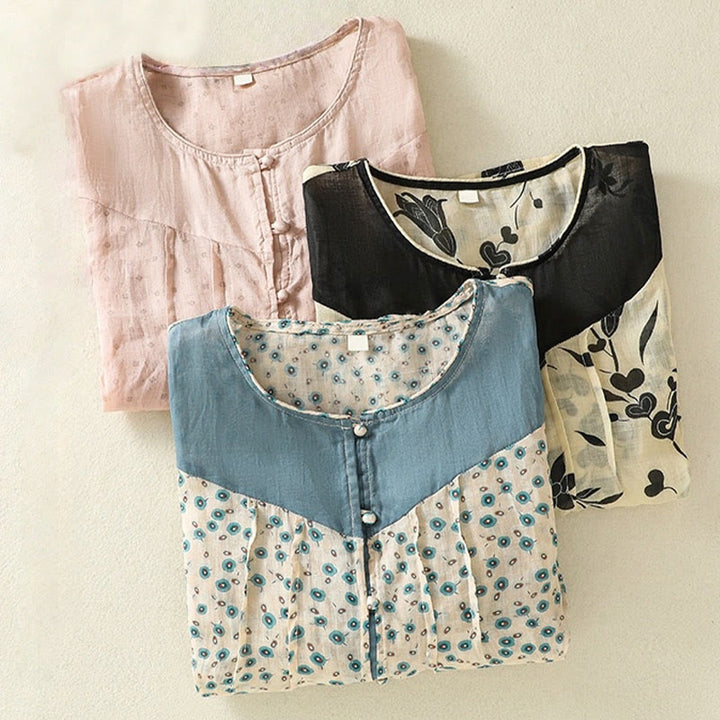 Buddha Stones Printing Floral Buttons Color Contrast Half Sleeve Women's Shirt - image 37