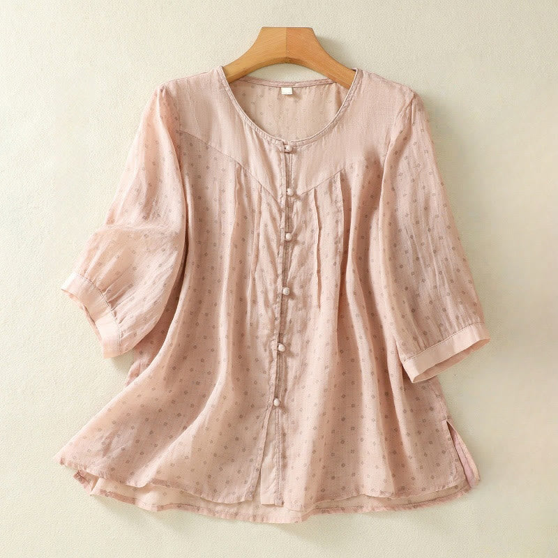 Buddha Stones Printing Floral Buttons Color Contrast Half Sleeve Women's Shirt - PeachPuff - US8-10，UK/AU12-14，EU40-42 (2XL) - image 26