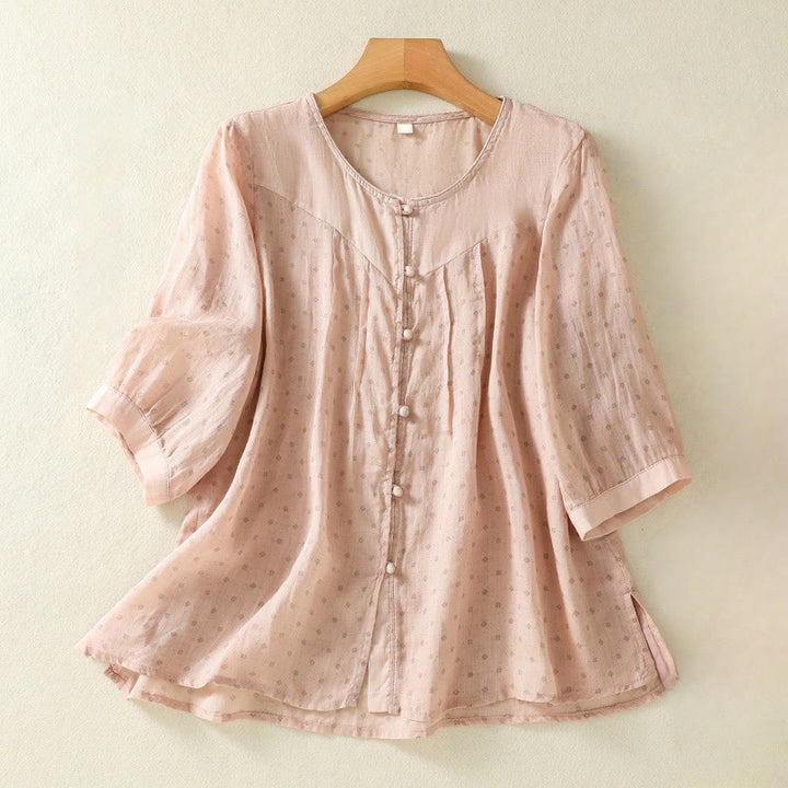 Buddha Stones Printing Floral Buttons Color Contrast Half Sleeve Women's Shirt - PeachPuff - US8-10，UK/AU12-14，EU40-42 (2XL) - image 26