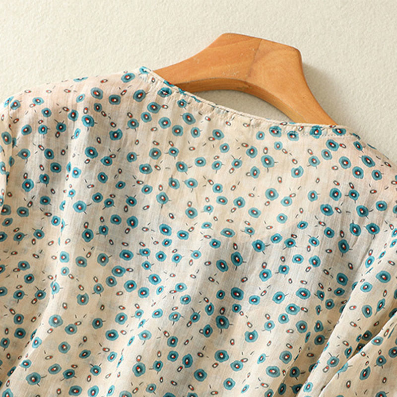 Buddha Stones Printing Floral Buttons Color Contrast Half Sleeve Women's Shirt - image 11