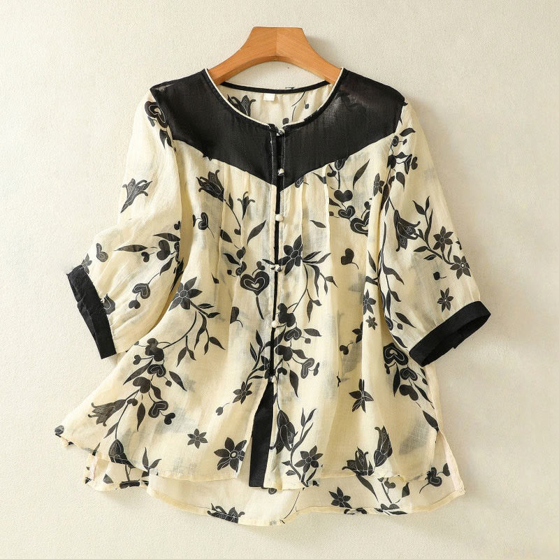 Buddha Stones Printing Floral Buttons Color Contrast Half Sleeve Women's Shirt - Black - US8-10，UK/AU12-14，EU40-42 (2XL) - image 0