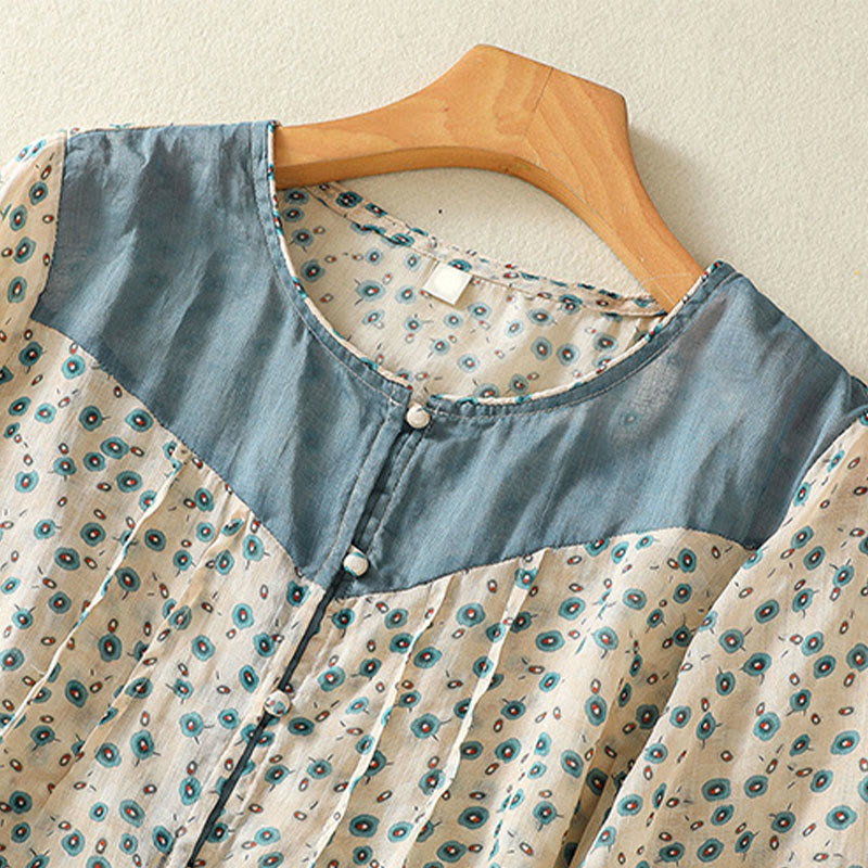 Buddha Stones Printing Floral Buttons Color Contrast Half Sleeve Women's Shirt - image 10
