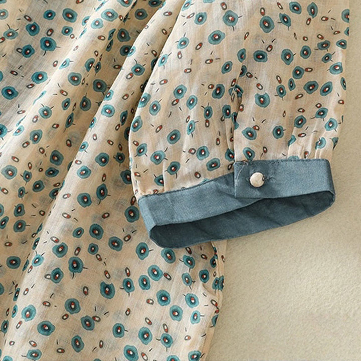 Buddha Stones Printing Floral Buttons Color Contrast Half Sleeve Women's Shirt - image 13
