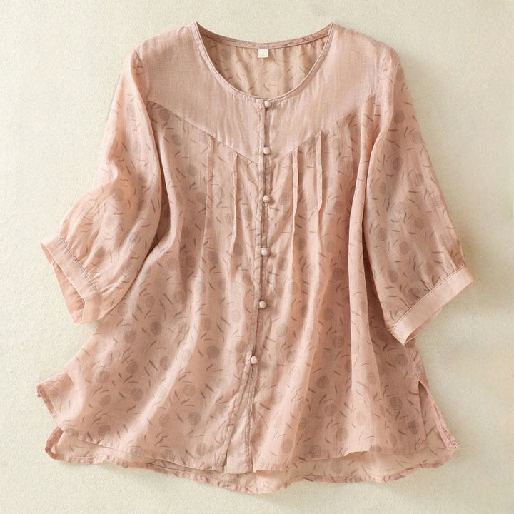 Buddha Stones Printing Floral Buttons Color Contrast Half Sleeve Women's Shirt - DarkSalmon - US8-10，UK/AU12-14，EU40-42 (2XL) - image 16