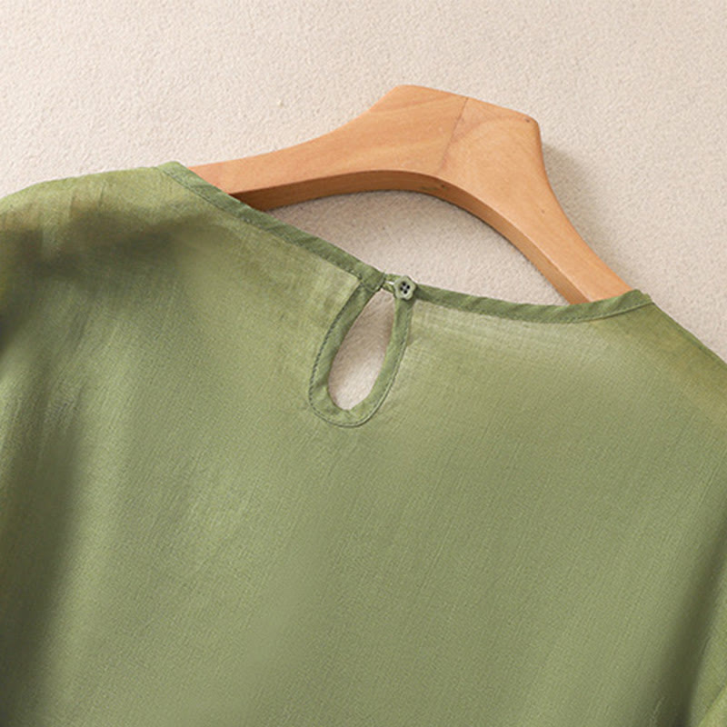 Buddha Stones Embroidery Floral Hem Slit Women's Cotton Linen Half Sleeve T-Shirt - image 3