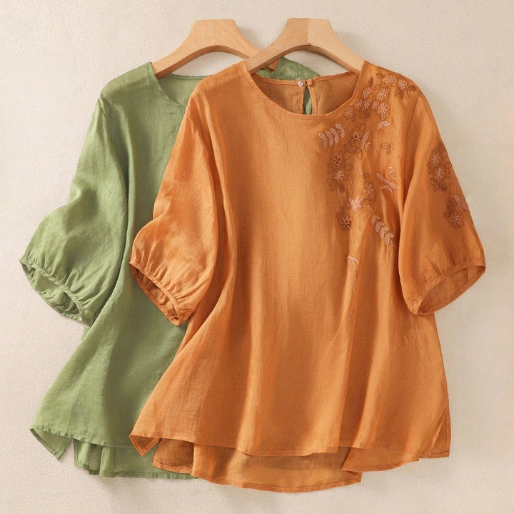 Buddha Stones Embroidery Floral Hem Slit Women's Cotton Linen Half Sleeve T-Shirt - image 19