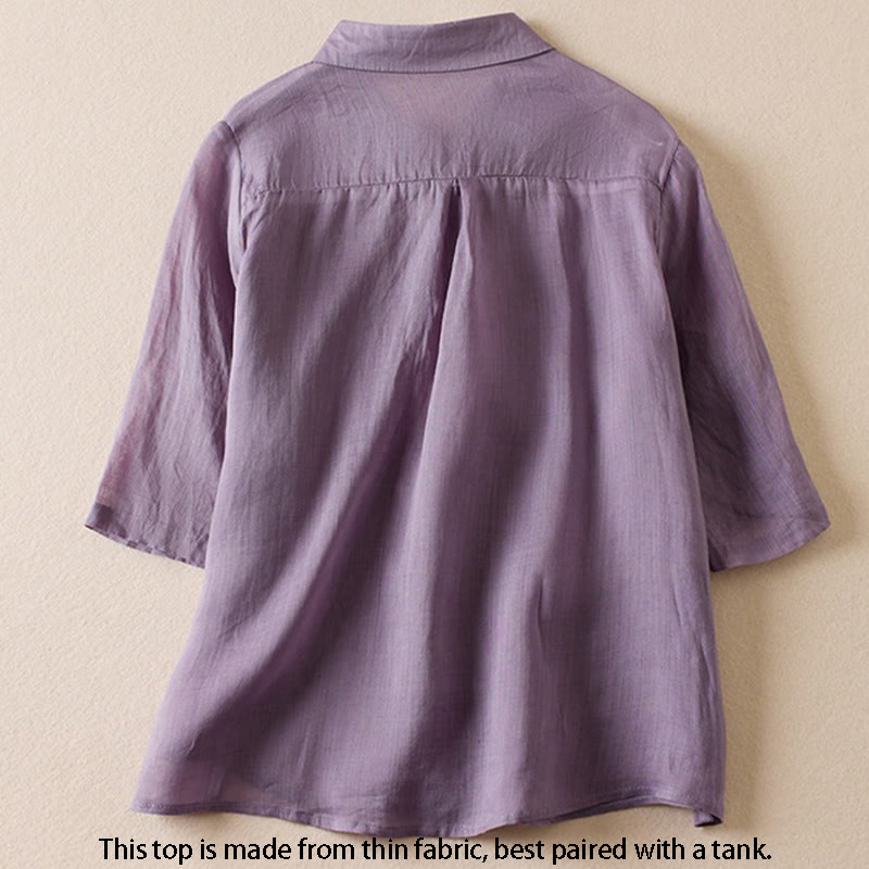 Buddha Stones Retro Plain Fake Two Pieces Button Half Sleeve Design Women's Cotton Linen Shirt - image 1