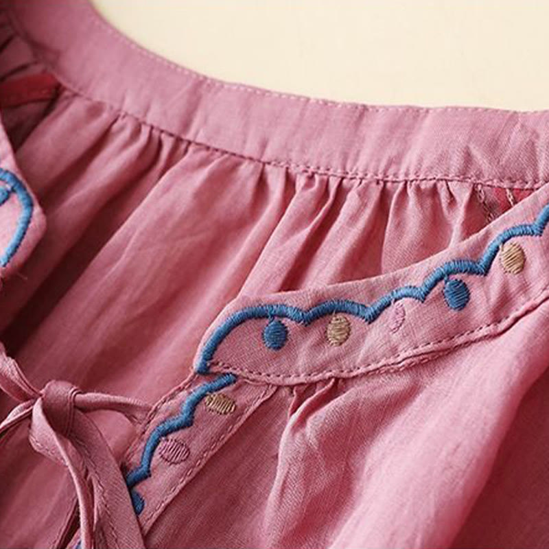 Buddha Stones Summer Embroided Three Quarter Lantern Sleeve Women's Cotton Linen T-Shirt - image 12