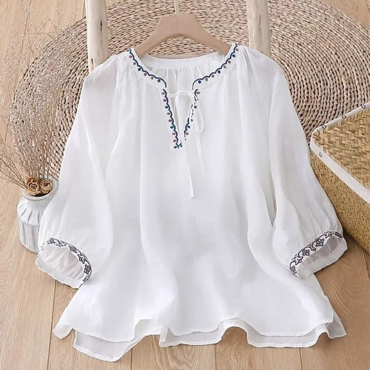 Buddha Stones Summer Embroided Three Quarter Lantern Sleeve Women's Cotton Linen T-Shirt - image 5