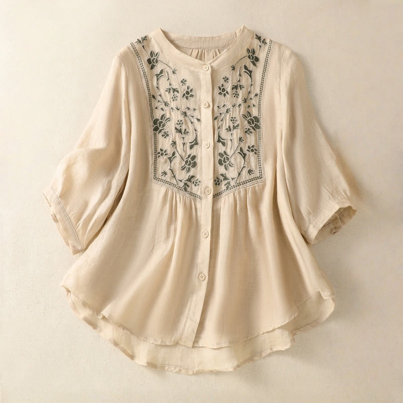 Buddha Stones Embroidery Single Breasted Women's Cotton Linen Three Quarter Sleeve Shirt - PaleGoldenrod - US12，UK/AU16，EU44 (2XL) - image 18