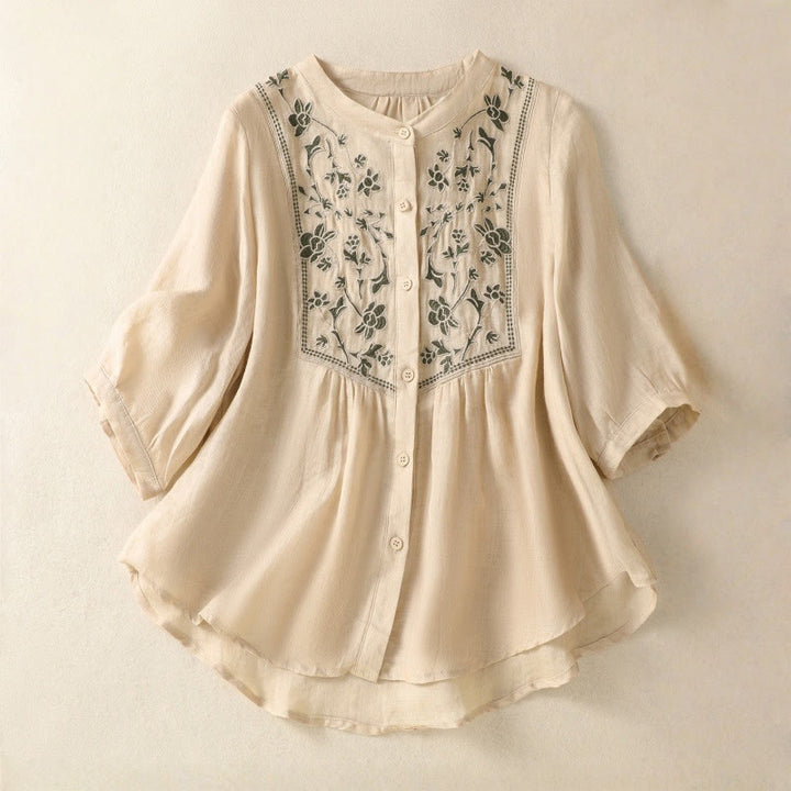 Buddha Stones Embroidery Single Breasted Women's Cotton Linen Three Quarter Sleeve Shirt - PaleGoldenrod - US12，UK/AU16，EU44 (2XL) - image 18